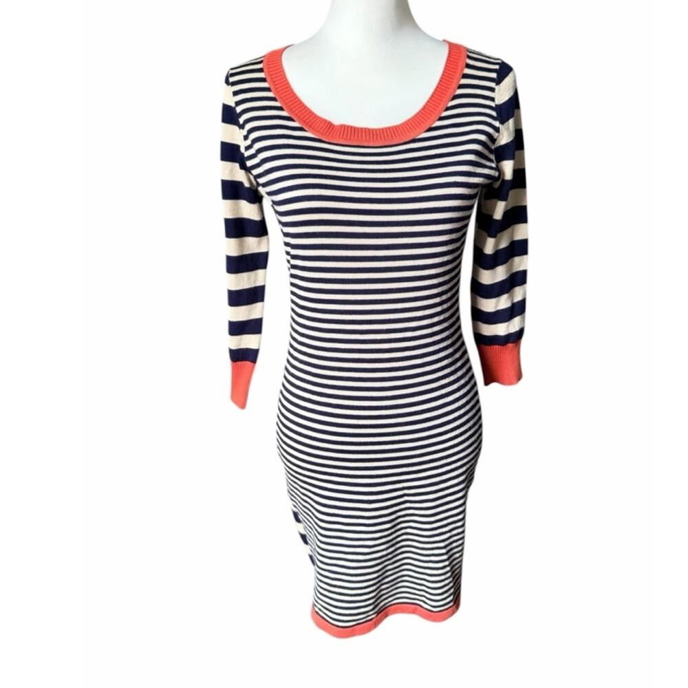 Pink Rose 3/4 Sleeve Sweater Dress Tan Blue Medium